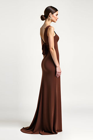 Brown Sheath One Shoulder Long Formal Dress with Bow