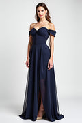 Robe de cocktail longue en mousseline de soie coupe A bleu marine