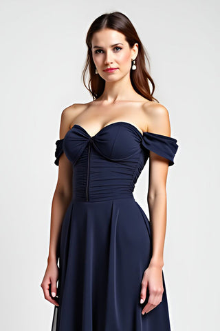 Navy A Line Chiffon Long Wedding Guest Dress
