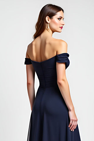 Navy A Line Chiffon Long Wedding Guest Dress