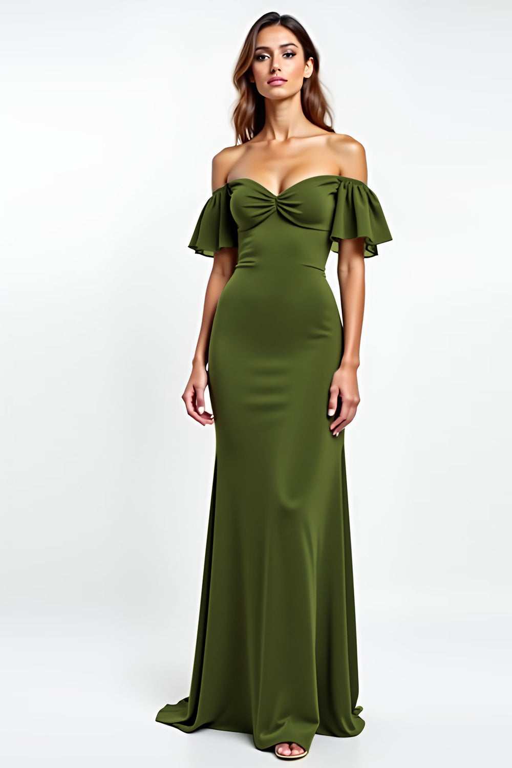 Vestido comprido para convidada de casamento, verde azeitona, sem costas