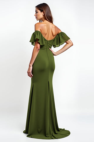 Sheath Olive Backless Long Wedding Guest Dress