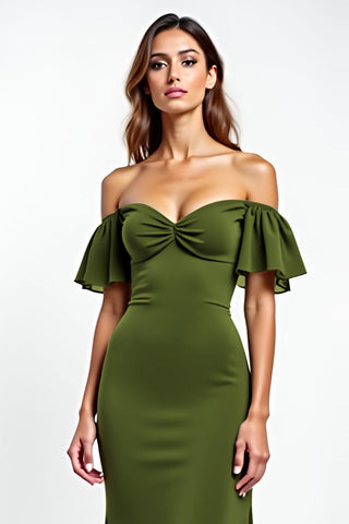 Sheath Olive Backless Long Wedding Guest Dress