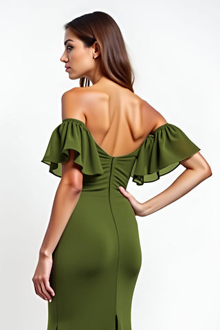 Sheath Olive Backless Long Wedding Guest Dress
