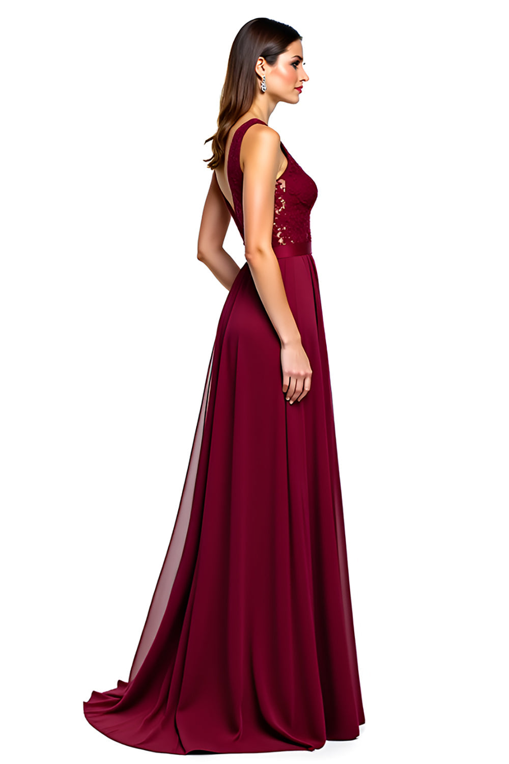 Vestido de cerimónia de chiffon bordeaux com renda e decote em V franzido