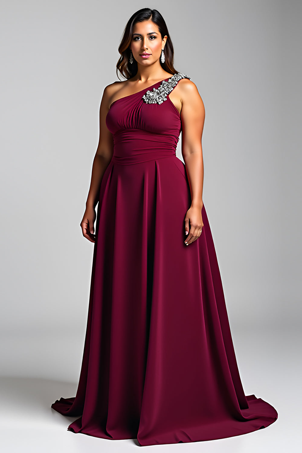 Vestido de cerimónia de um ombro só com aplicações de chiffon bordeaux e corte A