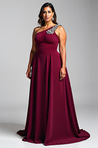 Vestido de cerimónia de um ombro só com aplicações de chiffon bordeaux e corte A