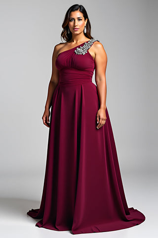 Burgundy Chiffon Appliques One Shoulder A Line Formal Dress