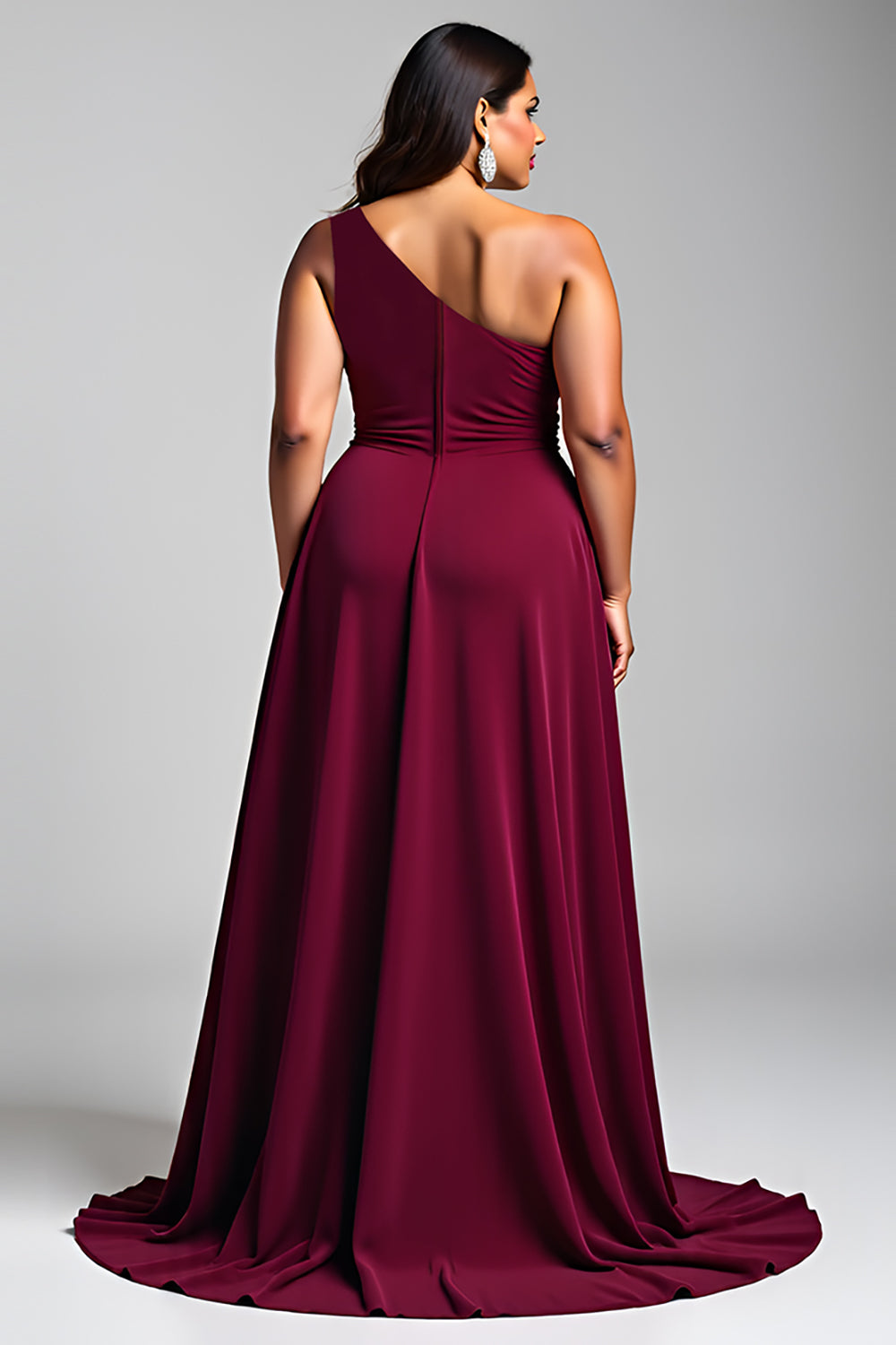 Vestido de cerimónia de um ombro só com aplicações de chiffon bordeaux e corte A