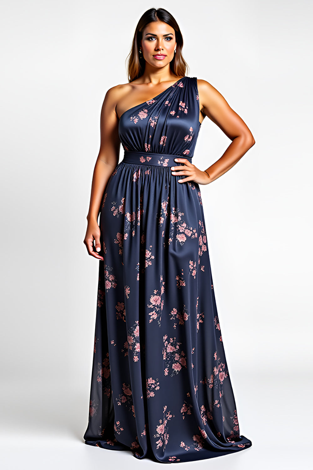 Vestido de noiva comprido com um ombro só e racha, azul marinho, com flores