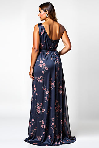 One Shoulder Navy Flower Long Wedding Guest Dress with Slit