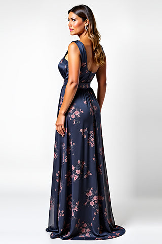 One Shoulder Navy Flower Long Wedding Guest Dress with Slit