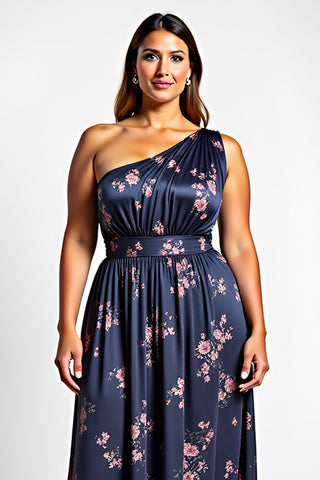 One Shoulder Navy Flower Long Wedding Guest Dress with Slit