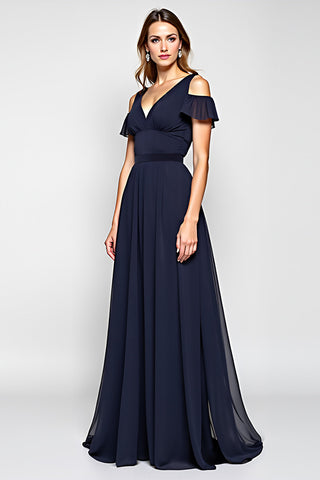 A-Linie, Marineblau, schulterfrei, langes Hochzeitsgastkleid