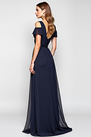 A-Linie, Marineblau, schulterfrei, langes Hochzeitsgastkleid