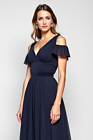 A-Linie, Marineblau, schulterfrei, langes Hochzeitsgastkleid