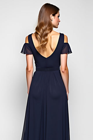 A-Linie, Marineblau, schulterfrei, langes Hochzeitsgastkleid