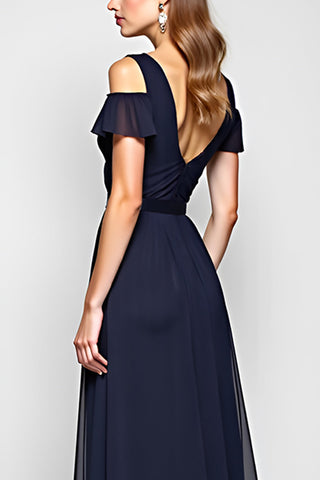 A-Linie, Marineblau, schulterfrei, langes Hochzeitsgastkleid