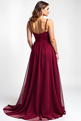 Burgundy Spaghetti Straps Chiffon Long Wedding Guest Dress