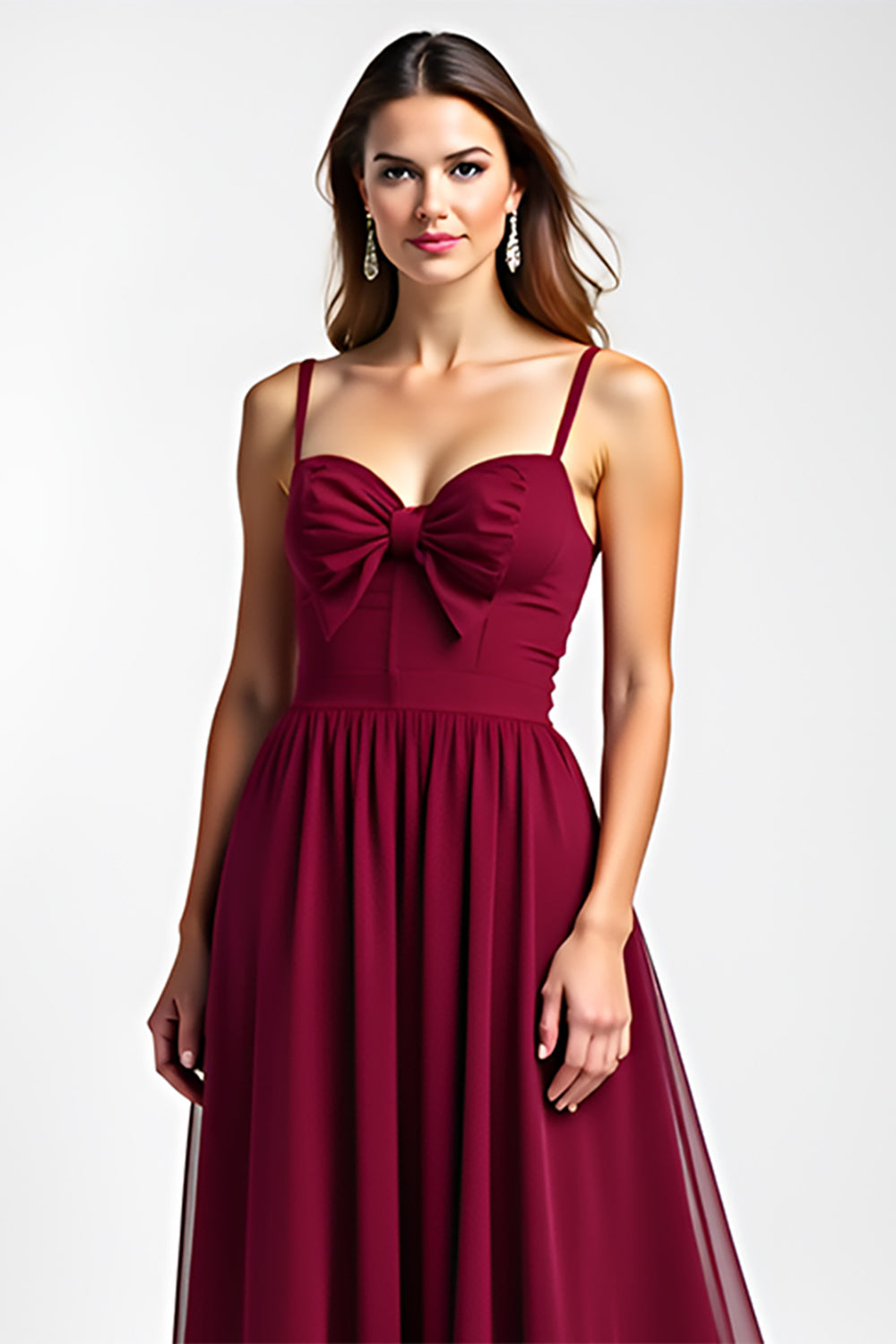 Vestido comprido em chiffon com alças finas cor vinho para convidada de casamento