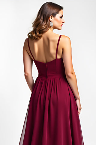 Burgundy Spaghetti Straps Chiffon Long Wedding Guest Dress