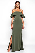 Robe de soirée longue olive bretelle tombante gainée avec fente pour invitée de mariage