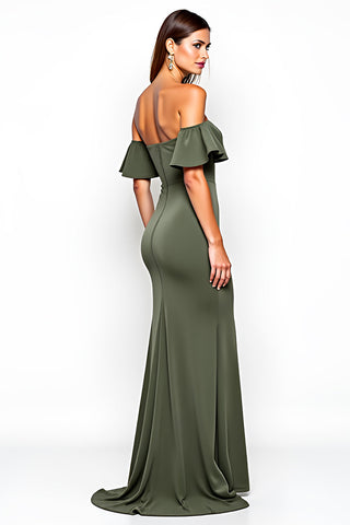 Olive Off the Shoulder Sheath Long Wedding Guest Dress with Slit