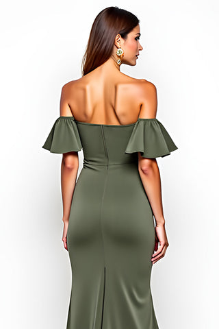 Olive Off the Shoulder Sheath Long Wedding Guest Dress with Slit