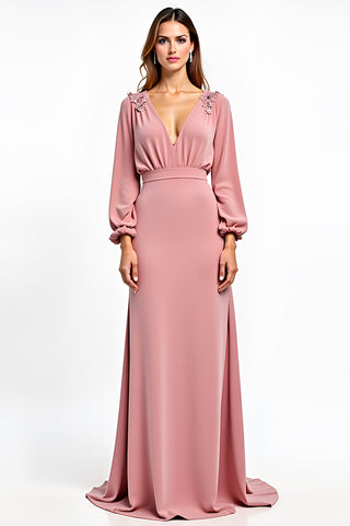 Dusty Rose Deep V-Neck Wedding Guest Dress with Long Sleeves