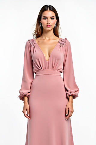 Dusty Rose Deep V-Neck Wedding Guest Dress with Long Sleeves