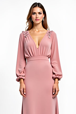 Dusty Rose Deep V-Neck Wedding Guest Dress with Long Sleeves