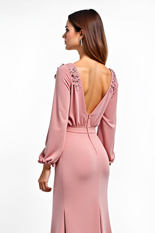 Dusty Rose Deep V-Neck Wedding Guest Dress with Long Sleeves