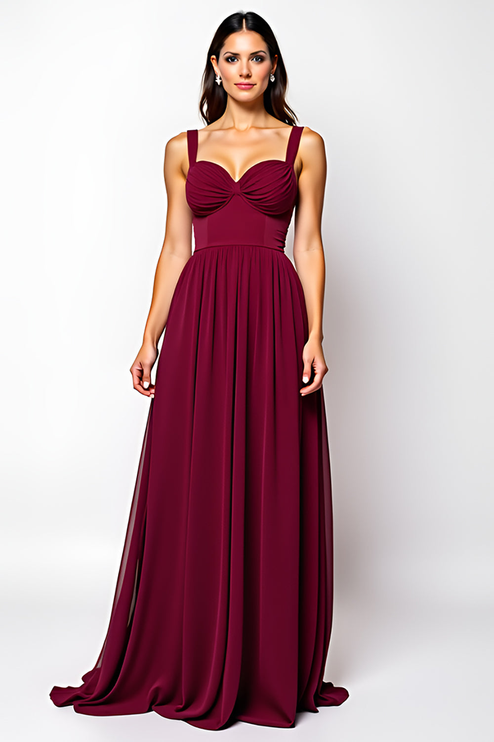 Vestido comprido em chiffon em tom de coração para convidada de casamento