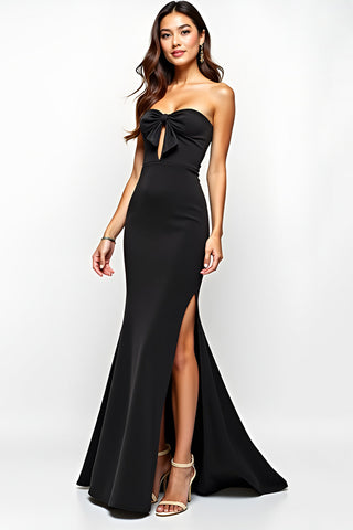 Mermaid Bow Black Keyhole Strapless Long Black Tie Dress with Slit