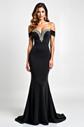 Robe de soirée noire sirène asymétrique à épaules dénudées avec découpes et perles