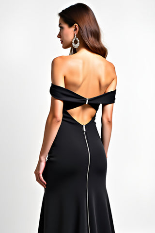 Off the Shoulder Black Mermaid Long Cut-Out Beaded Black Tie Dress