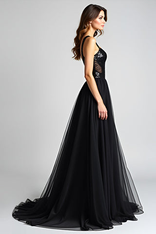 Sparkly Black A Line Long Tulle Sequined Backless Black Tie Dress