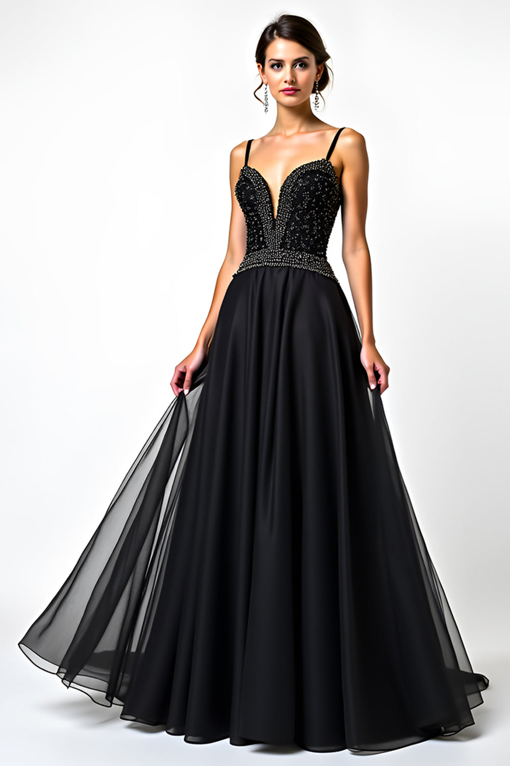 Long Beaded Black A Line Tulle V-Neck Black Tie Dress