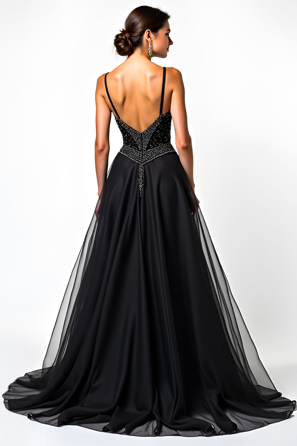 Long Beaded Black A Line Tulle V-Neck Black Tie Dress