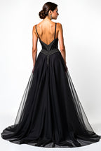 Long Beaded Black A Line Tulle V-Neck Black Tie Dress