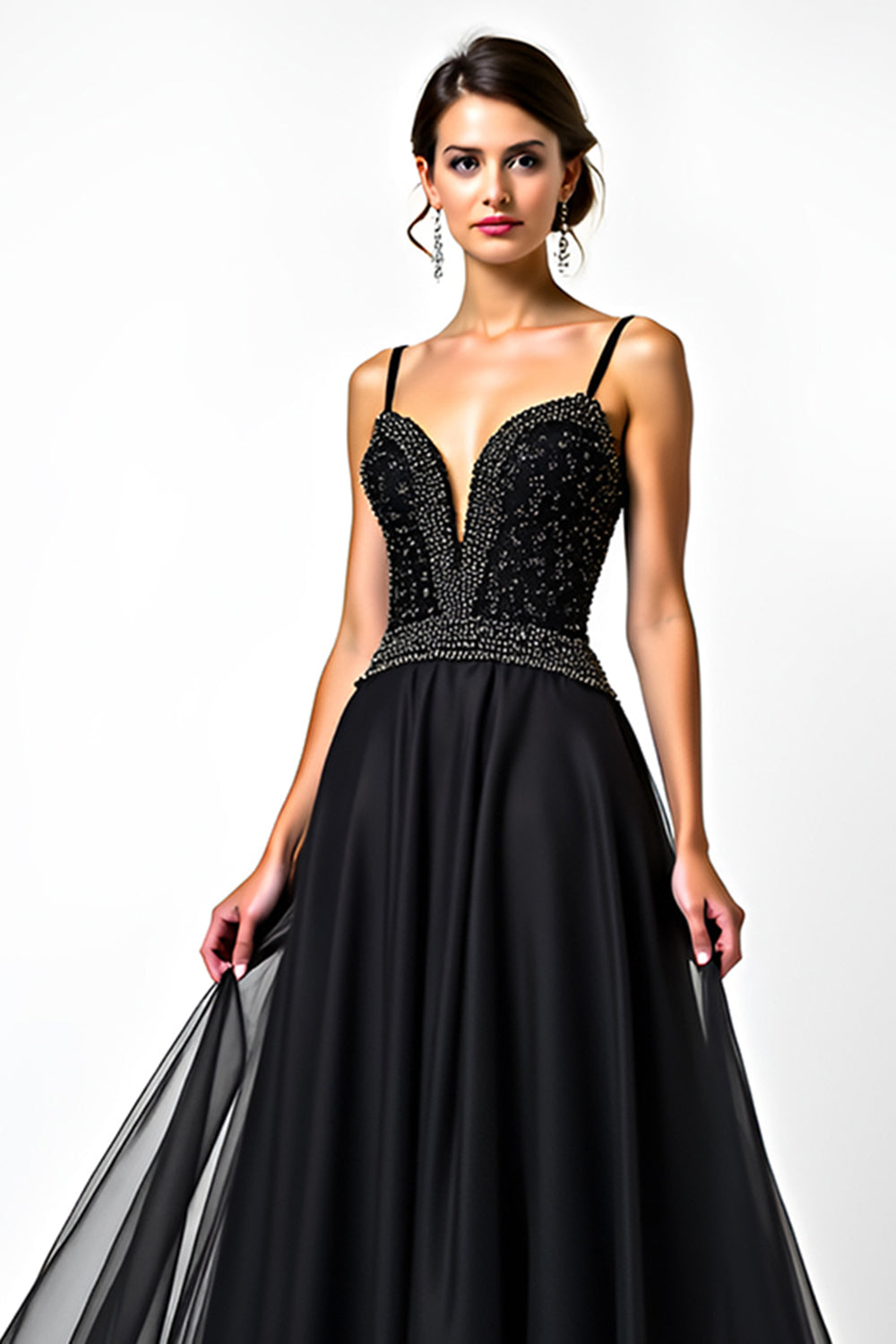 Long Beaded Black A Line Tulle V-Neck Black Tie Dress