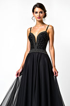 Long Beaded Black A Line Tulle V-Neck Black Tie Dress