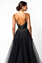 Long Beaded Black A Line Tulle V-Neck Black Tie Dress
