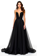 Tulle Deep V-Neck Black Sweetheart Long Black Tie Dress