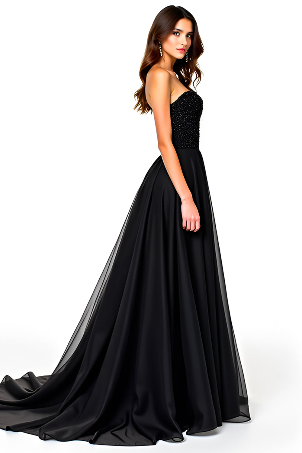 Tulle Deep V-Neck Black Sweetheart Long Black Tie Dress