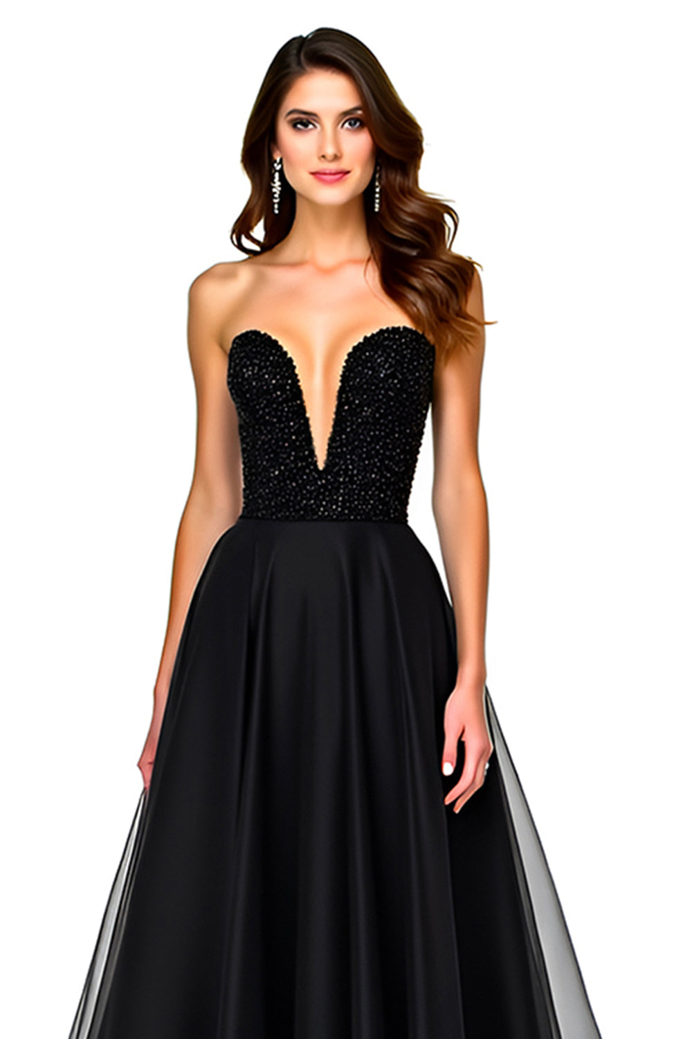 Tulle Deep V-Neck Black Sweetheart Long Black Tie Dress