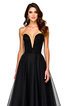Tulle Deep V-Neck Black Sweetheart Long Black Tie Dress
