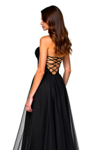 Tulle Deep V-Neck Black Sweetheart Long Black Tie Dress