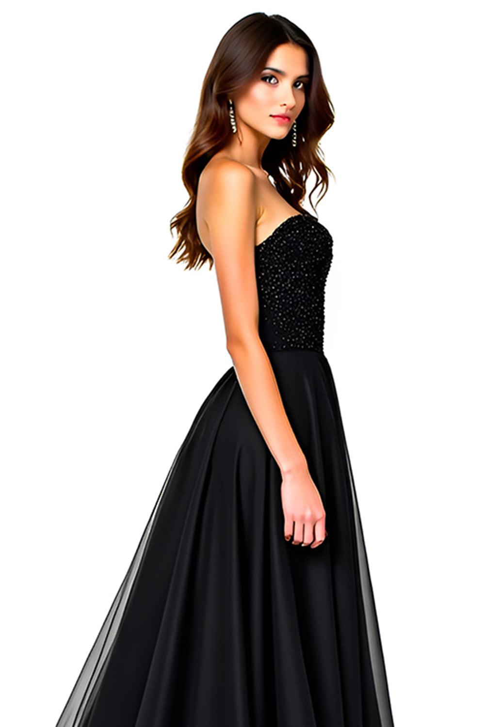 Tulle Deep V-Neck Black Sweetheart Long Black Tie Dress