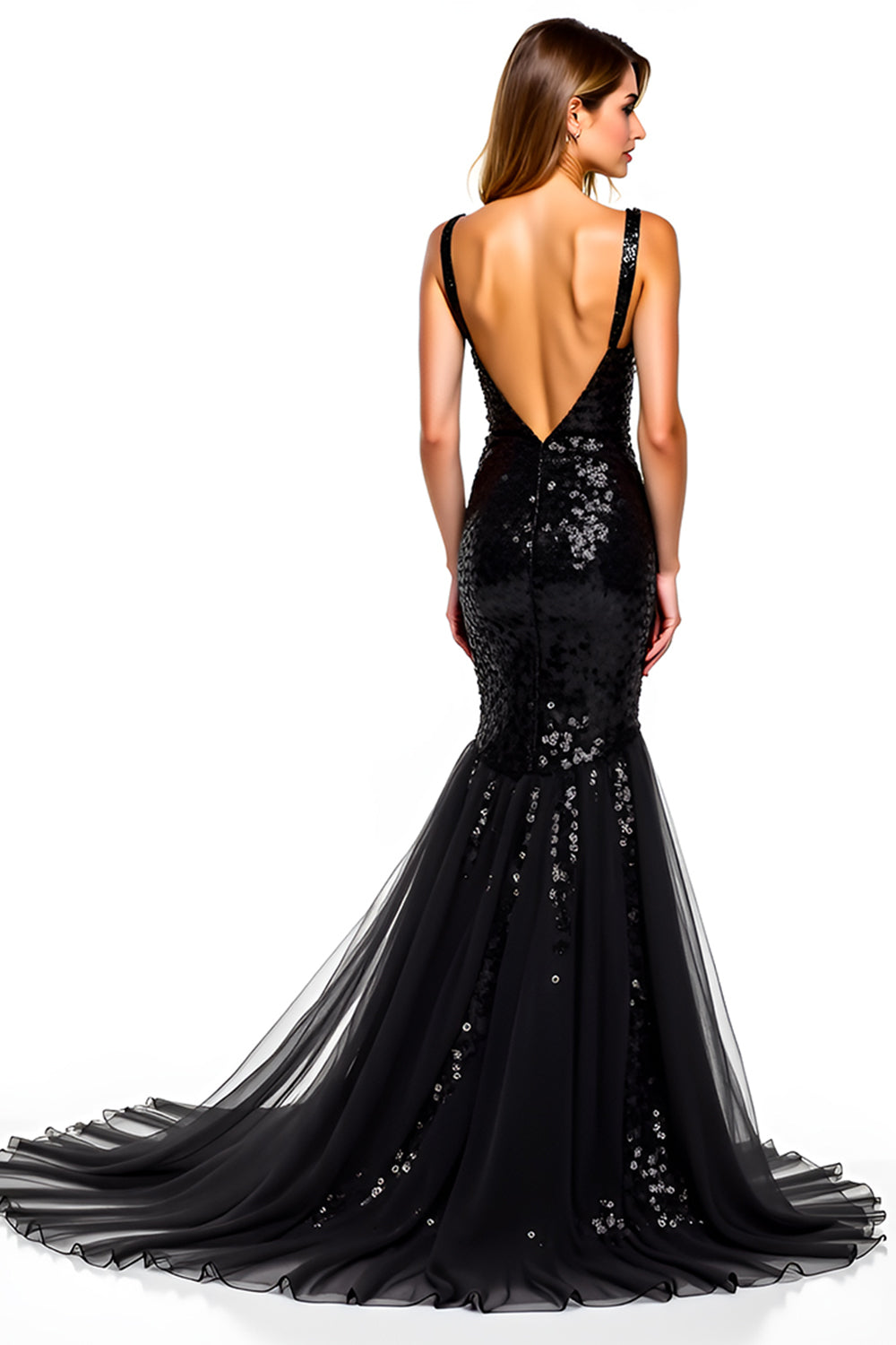 Sequins Long Sparkly Mermaid Tulle Black Tie Dress with Slit
